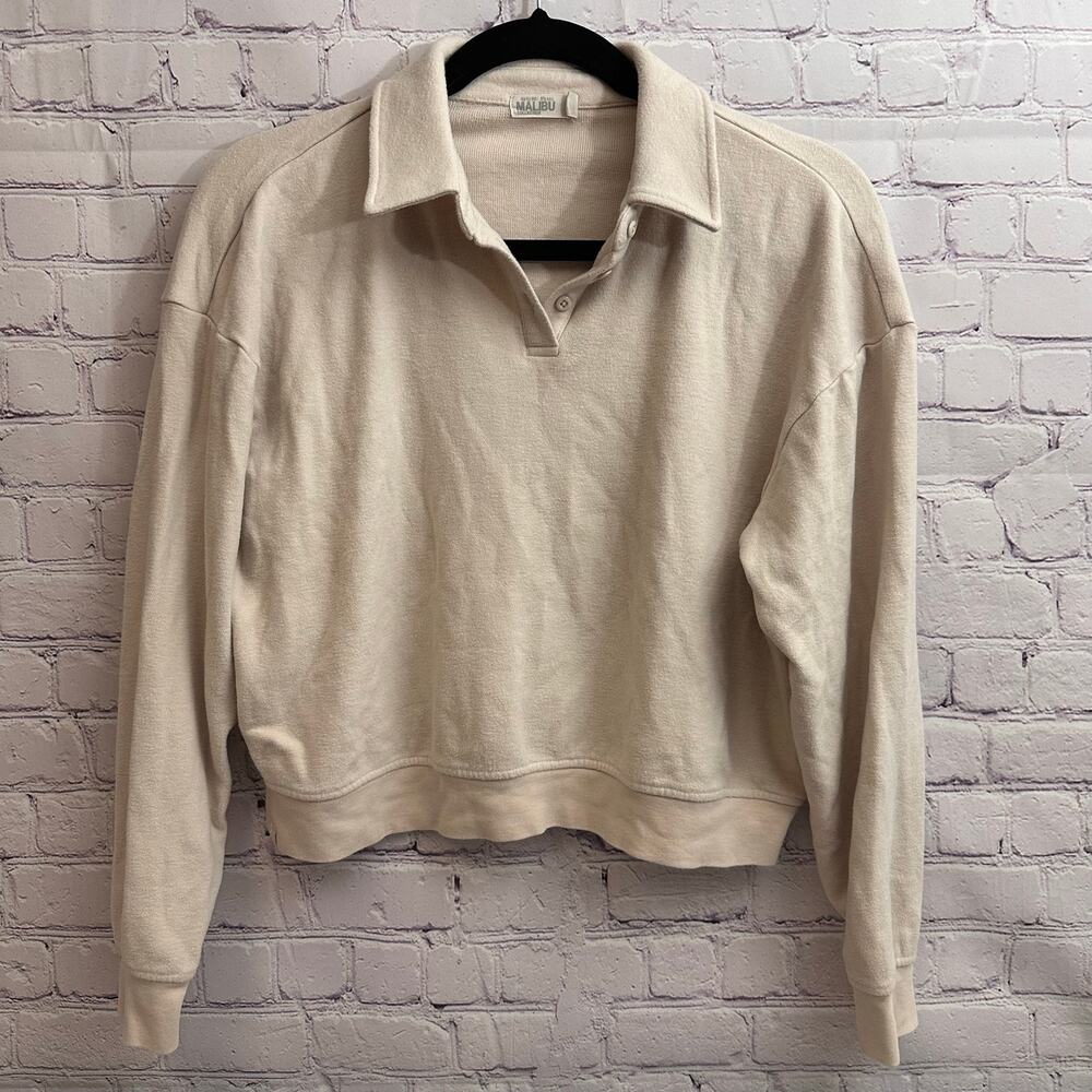 Barefoot Dreams Malibu Collection Collared Cropped Cream Pullover Sweater Size S